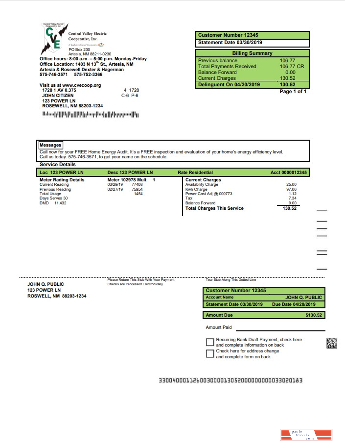 USA New Mexico electricity proof of address utility bill template in Word and PDF format